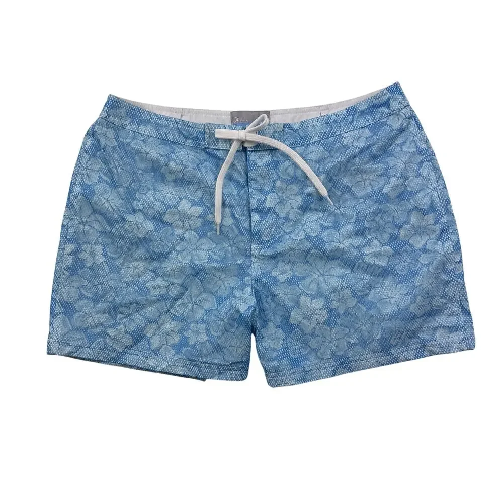 TEK GEAR Pool Shorts Light Blue Hawiian Print Hook Loop Fly Unlined 12